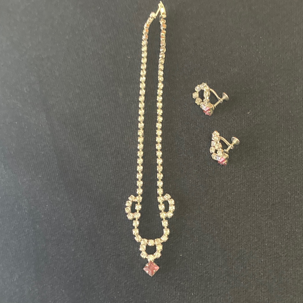Vintage Circa 1940's Weiss Rhinestone Necklace & Screw Back Earring Set